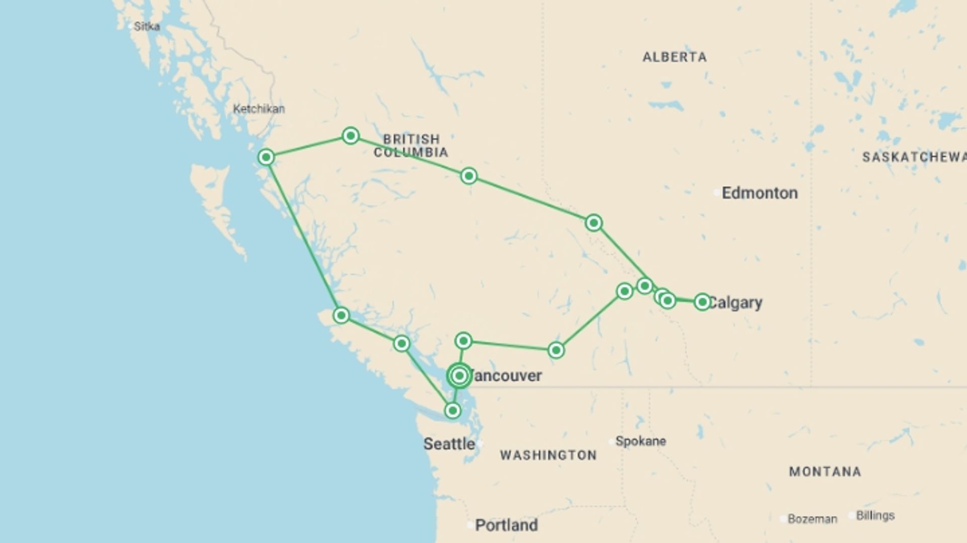 A map showing the tour itinerary for the trip: Canadian Rockies Encompassed, starting in Vancouver, Canada and ending in Vancouver, Canada going through 13 other destinations.