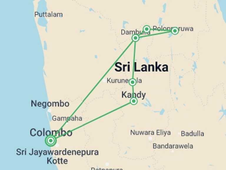 Map of Sri Lanka Tour with 3 destination visits for the trip: Sacred Sri Lanka