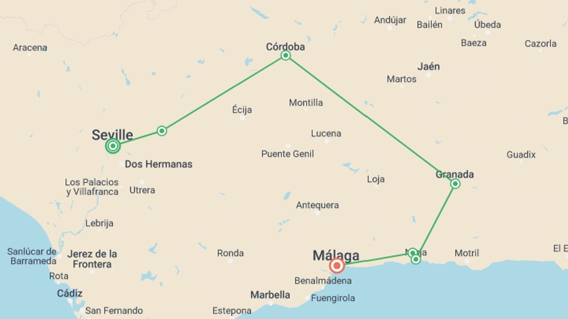 A map showing the tour itinerary for the trip: Route of the Andalusian Sun, starting in Seville, Spain and ending in Malaga, Spain going through 2 other destinations.