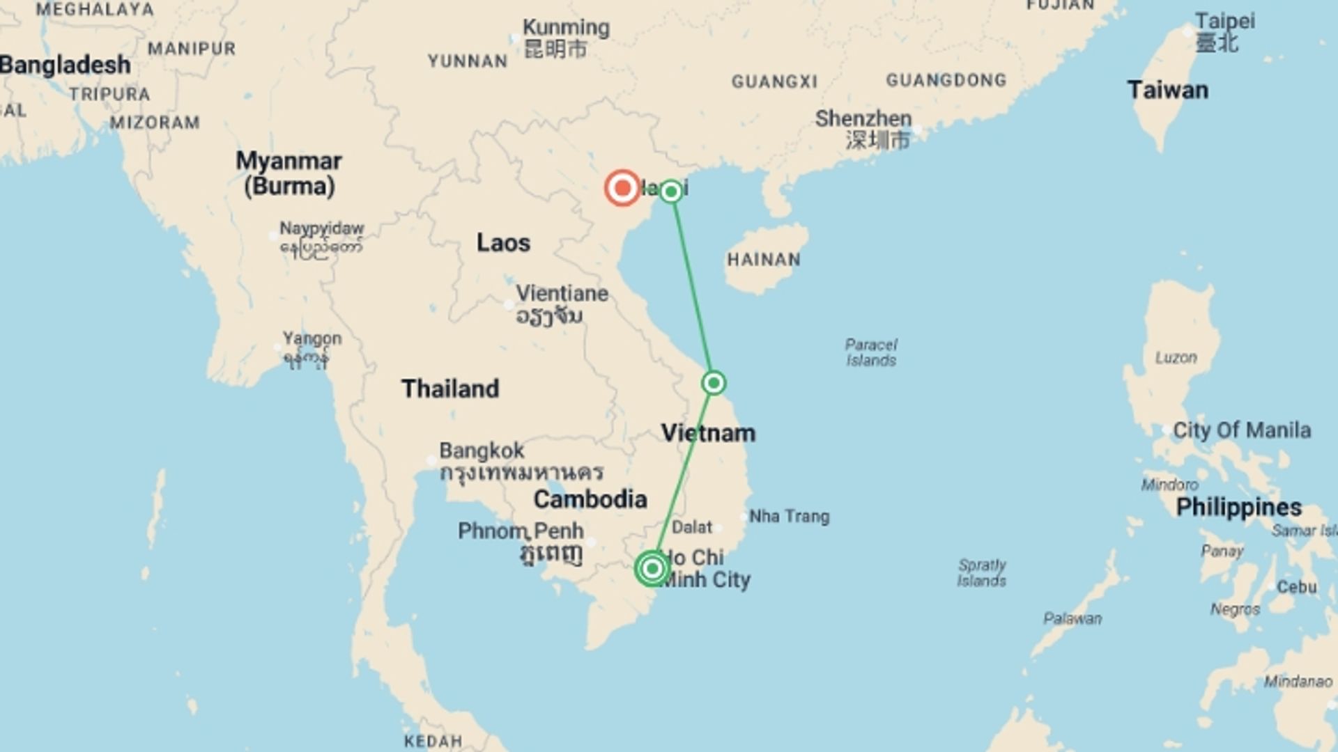 A map showing the tour itinerary for the trip: Treasures of Vietnam - 9 days, starting in Ho Chi Minh City, Vietnam and ending in Hanoi, Vietnam going through 2 other destinations.
