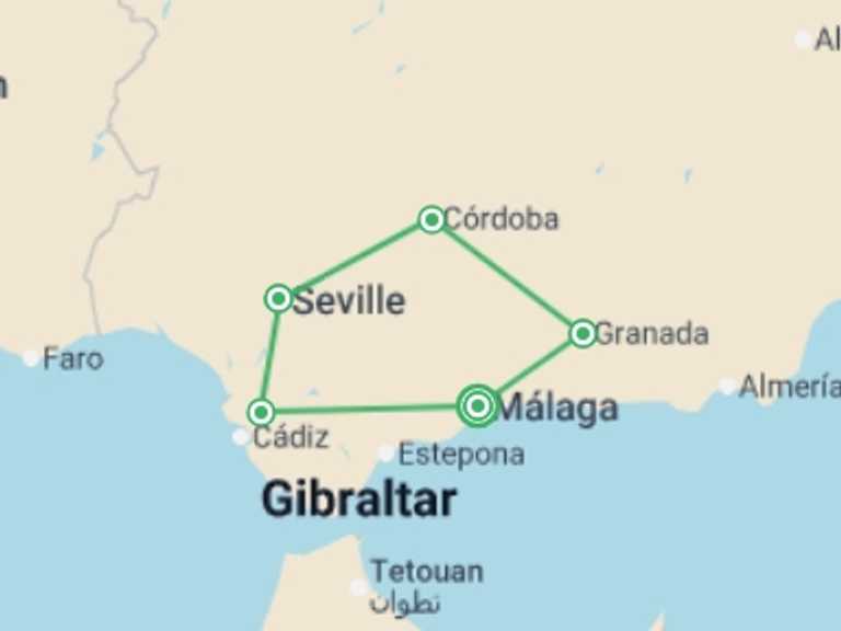Map of Europe Tour with 4 destination visits for the trip: Andalusia Highlights, Self-drive