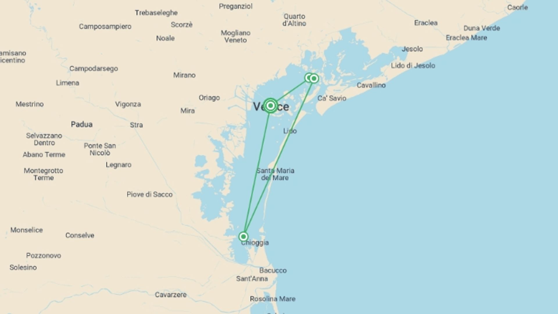 A map showing the tour itinerary for the trip: Venice at your pace (port-to-port package), starting in Venice, Italy and ending in Venice, Italy going through 1 other destinations.