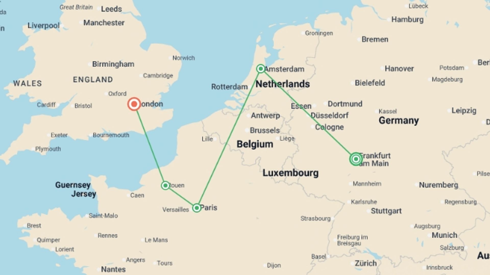A map showing the tour itinerary for the trip: From Frankfurt to London, starting in Frankfurt, Germany and ending in London, England going through 3 other destinations.