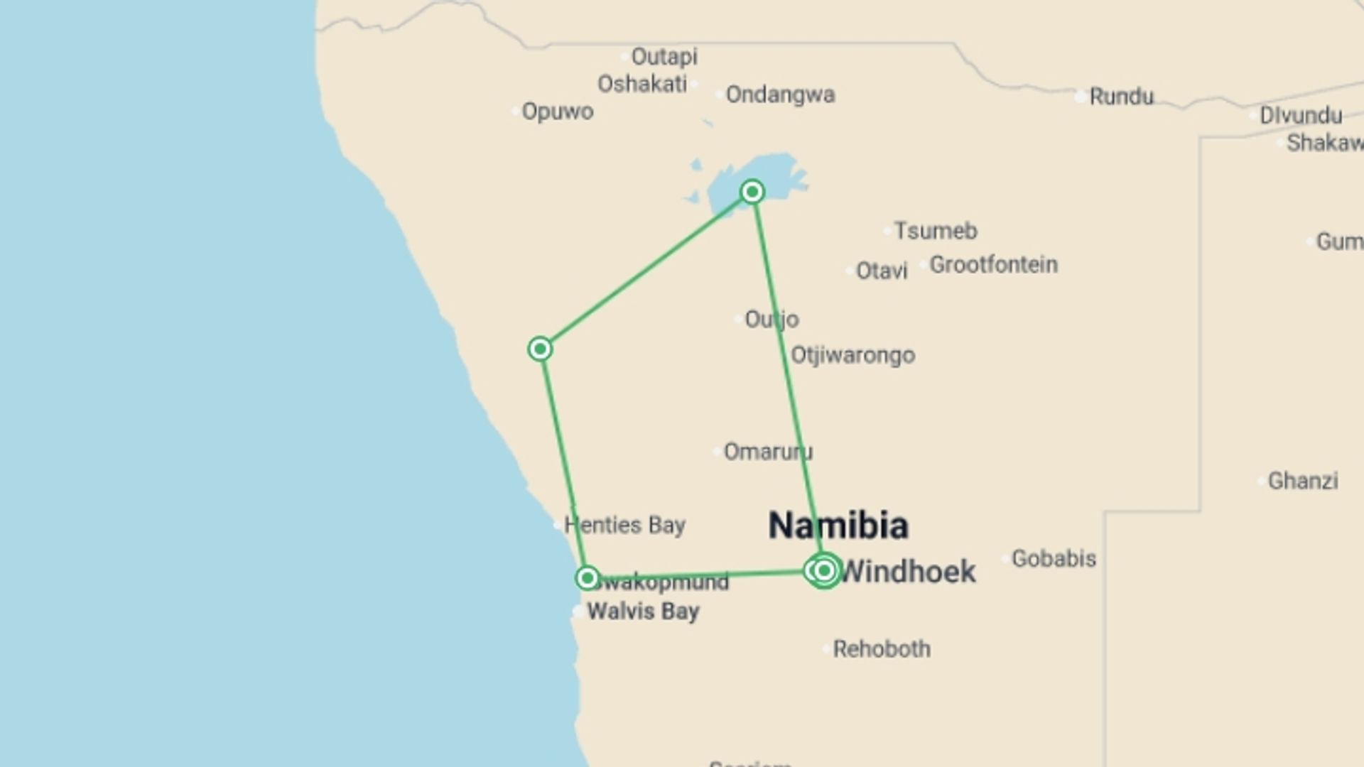A map showing the tour itinerary for the trip: Northern Namibia Circuit, starting in Windhoek, Namibia and ending in Windhoek, Namibia going through 4 other destinations.