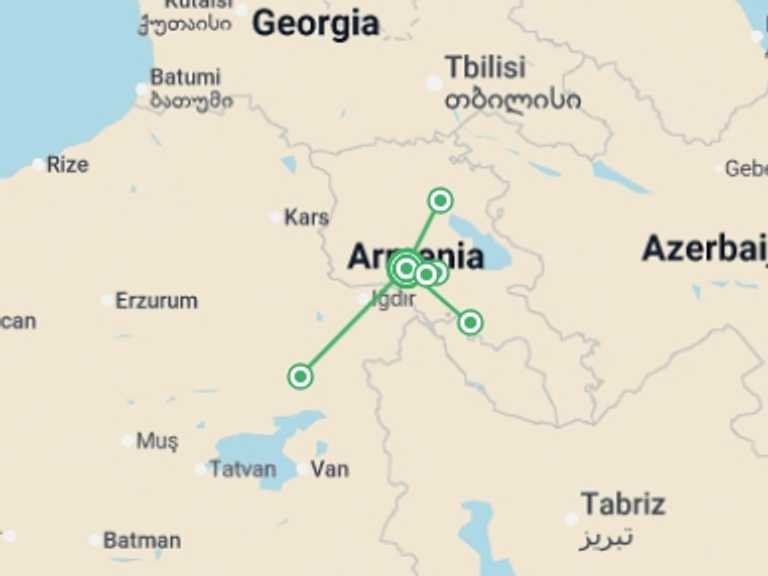 Map itinerary of Europe Tour in May 2026 with 2 destination visits for the trip: Armenia Heritage Explorer - 7 days