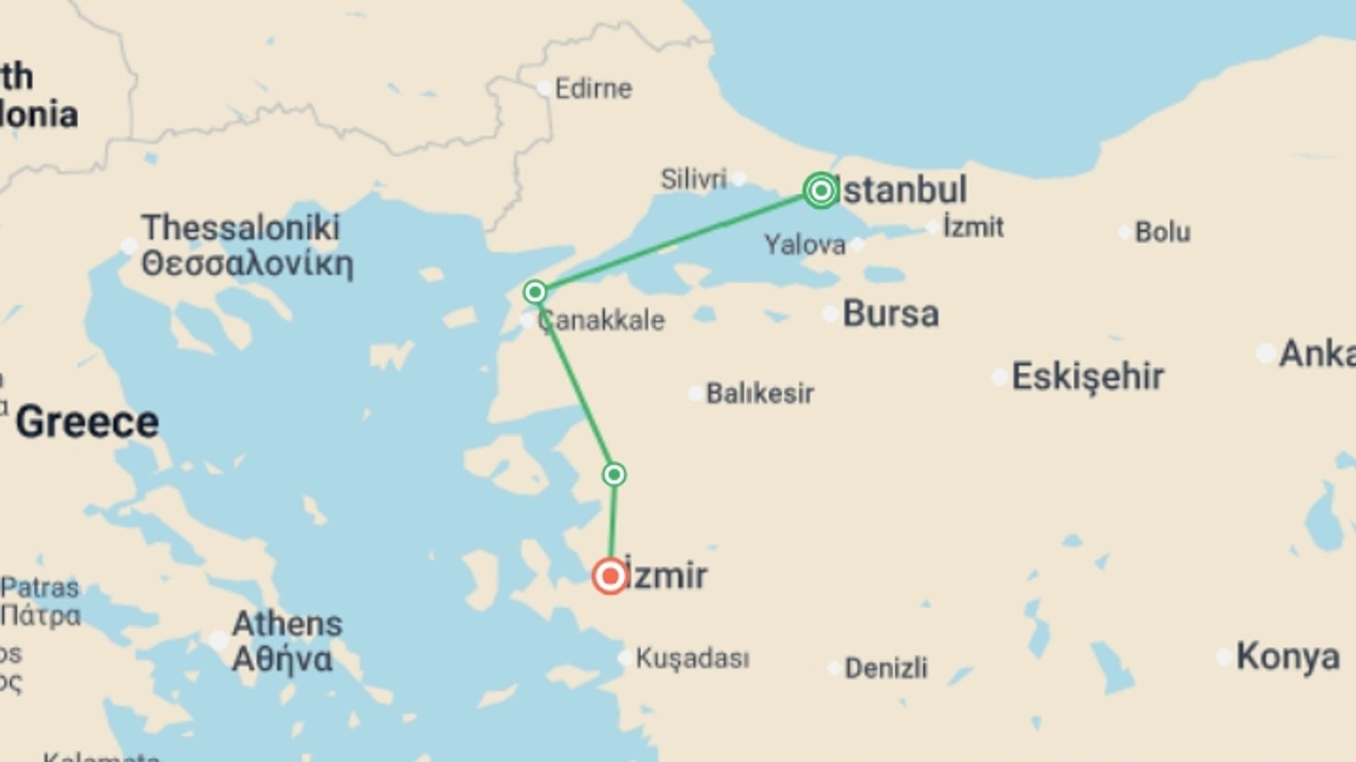 A map showing the tour itinerary for the trip: 5 Days - Western Turkey Explorer, starting in Istanbul, Turkey and ending in Izmir, Turkey going through 6 other destinations.