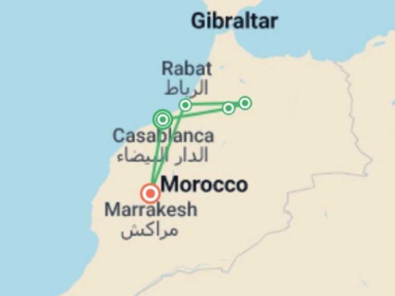 Map of 8-Day Marrakech Tour with 4 destination visits for the trip: Treasures of Morocco