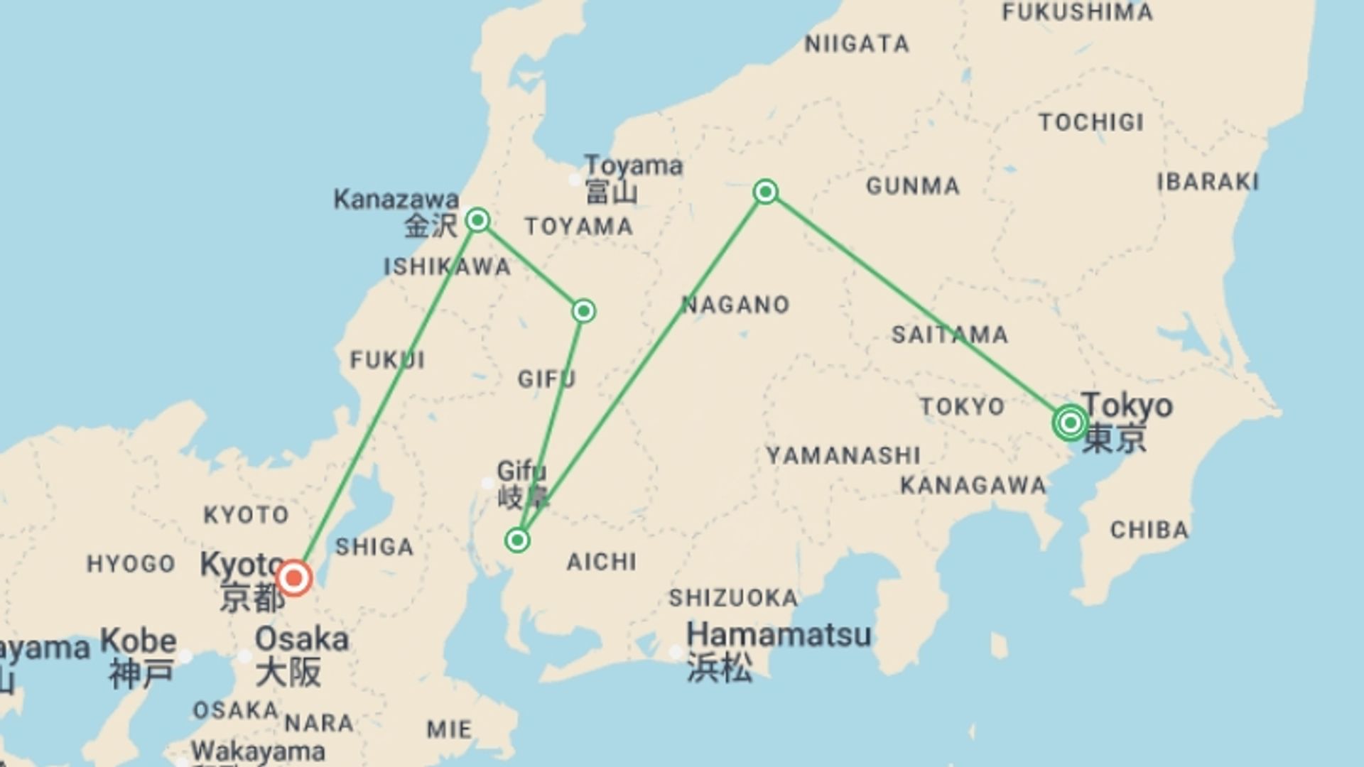 A map showing the tour itinerary for the trip: Japan Hidden Gems: Alpine & Cultural Discovery Tour, starting in Tokyo, Japan and ending in Kyoto, Japan going through 4 other destinations.
