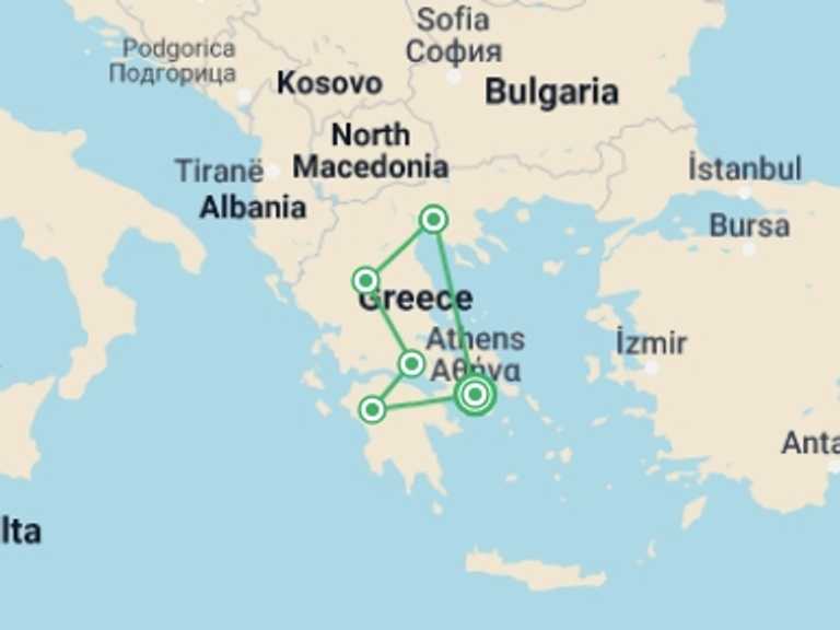 Map of 7-Day Athens Tour with 5 destination visits for the trip: 7 Days Grand Tour Of Greece With Peloponnese, Delphi, Meteora, Vergina And Pella