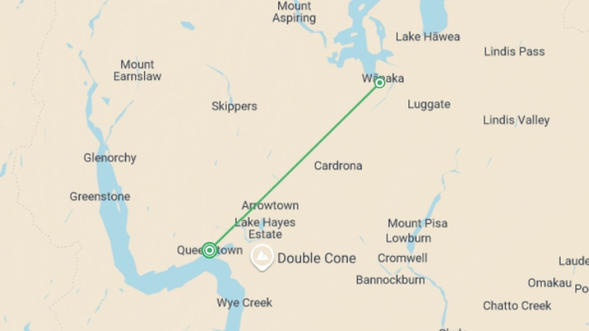A map showing the tour itinerary for the trip: Rhythm & Alps Festival, starting in Queenstown, New Zealand and ending in Queenstown, New Zealand going through 1 other destinations.
