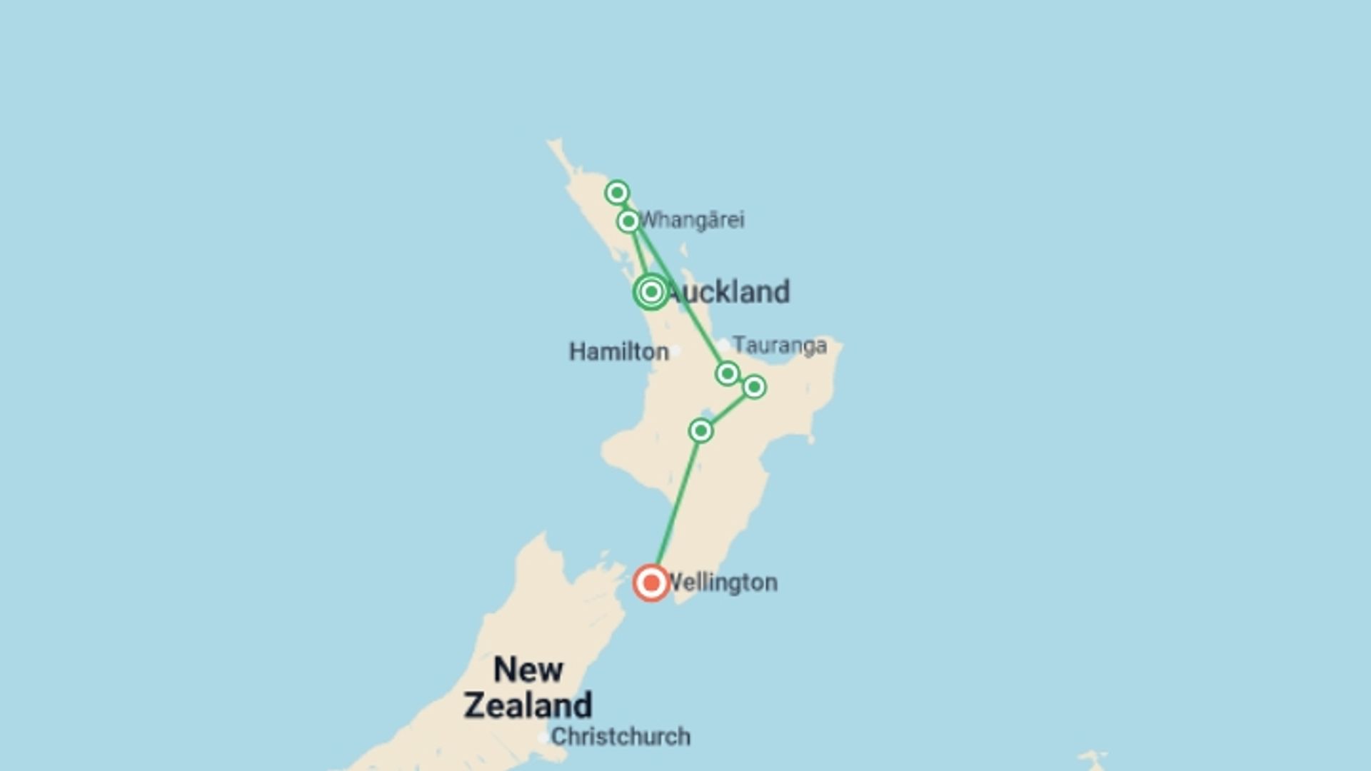 A map showing the tour itinerary for the trip: New Zealand North Island: Haka & Hot Springs, starting in Auckland, New Zealand and ending in Wellington, New Zealand going through 4 other destinations.