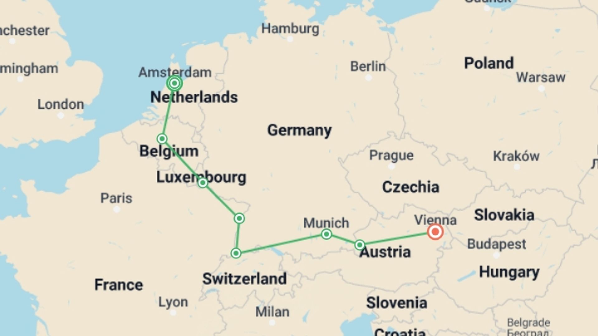 A map showing the tour itinerary for the trip: Europe: The Grand Tour , starting in Amsterdam, Holland and ending in Vienna, Austria going through 4 other destinations.