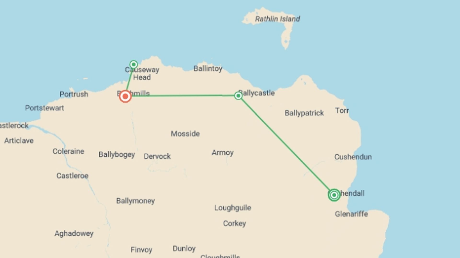 A map showing the tour itinerary for the trip: Walking the Antrim Coast, starting in Cushendall, Ireland and ending in Bushmills, Ireland going through 2 other destinations.