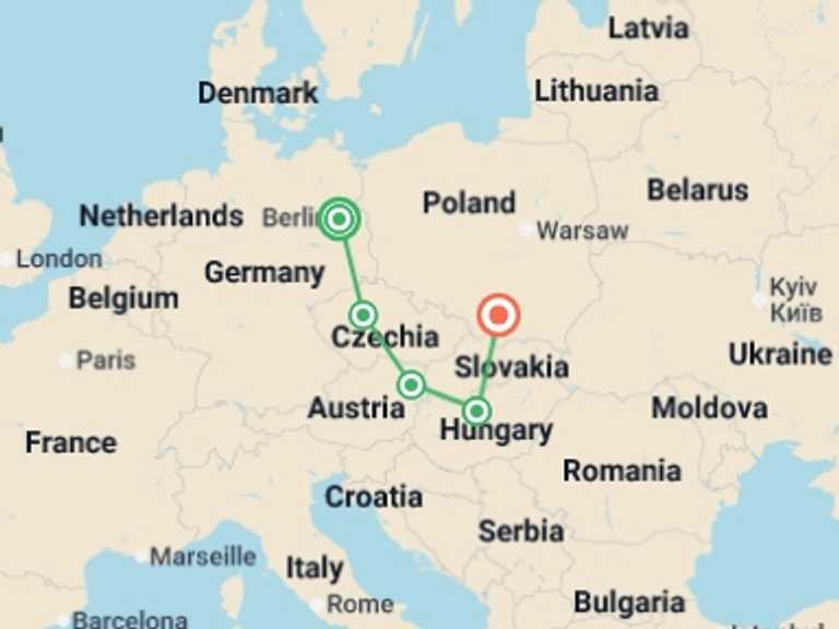 Map itinerary of Berlin Tour in November 2026 with 5 destination visits for the trip: Majestic Cities of Central & Eastern Europe featuring Berlin, Prague, Vienna, Budapest & Krakow