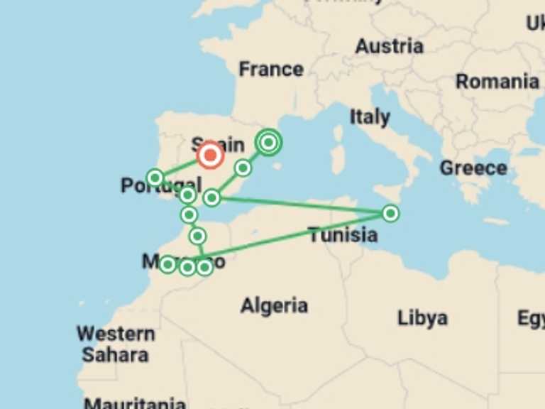 Map itinerary of Mediterranean Tour in March 2027 with 12 destination visits for the trip: Spain, Morocco and Portugal (without Alhambra)