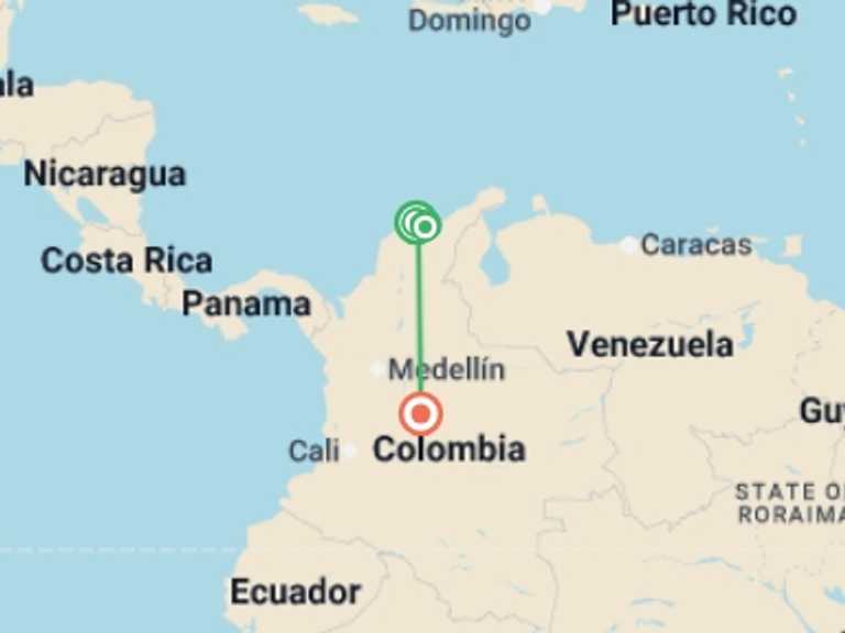 Map itinerary of South America Tour in February 2026 with 6 destination visits for the trip: Lost City of Colombia - 8 days