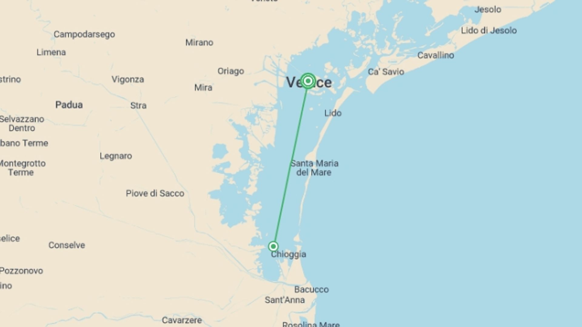 A map showing the tour itinerary for the trip: Christmas in Venice (port-to-port cruise), starting in Venice, Italy and ending in Venice, Italy going through 1 other destinations.