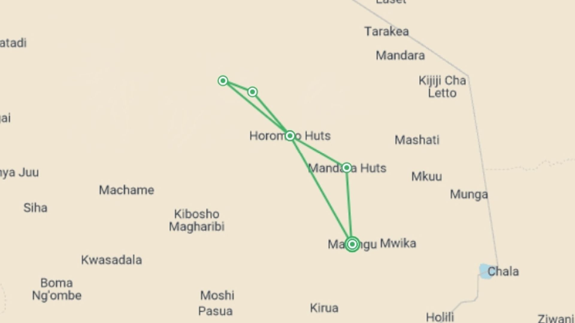 A map showing the tour itinerary for the trip: Kilimanjaro: Marangu Route, starting in Marangu, Tanzania and ending in Marangu, Tanzania going through 4 other destinations.