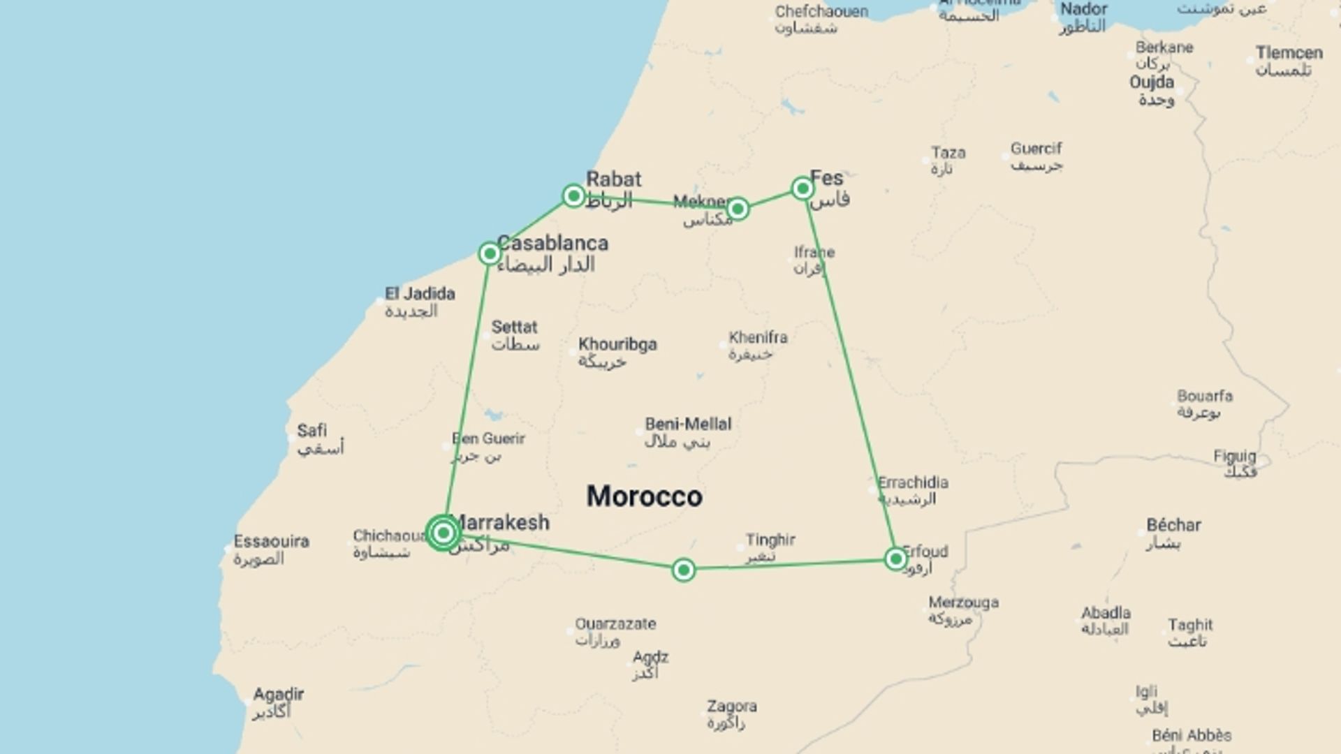 A map showing the tour itinerary for the trip: Surprising Morocco, starting in Marrakech, Morocco and ending in Marrakech, Morocco going through 5 other destinations.