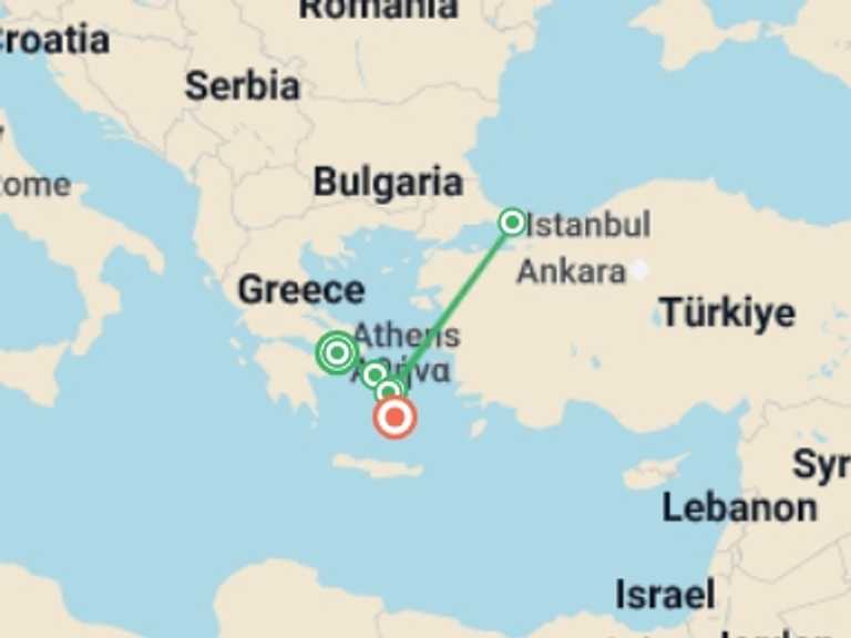 Map itinerary of Europe Tour in April 2027 with 6 destination visits for the trip: Greek Island Wanderer
