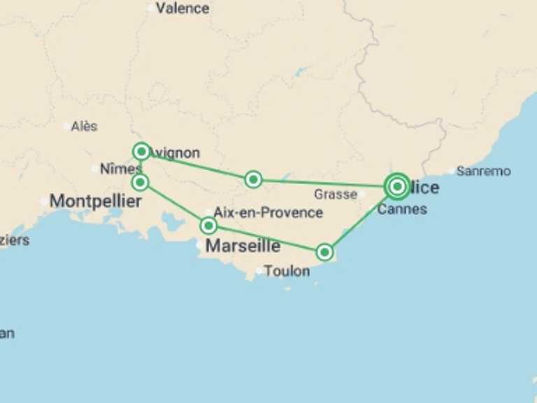 Map itinerary of France Tour in May 2026 with 6 destination visits for the trip: Provence and the French Riviera