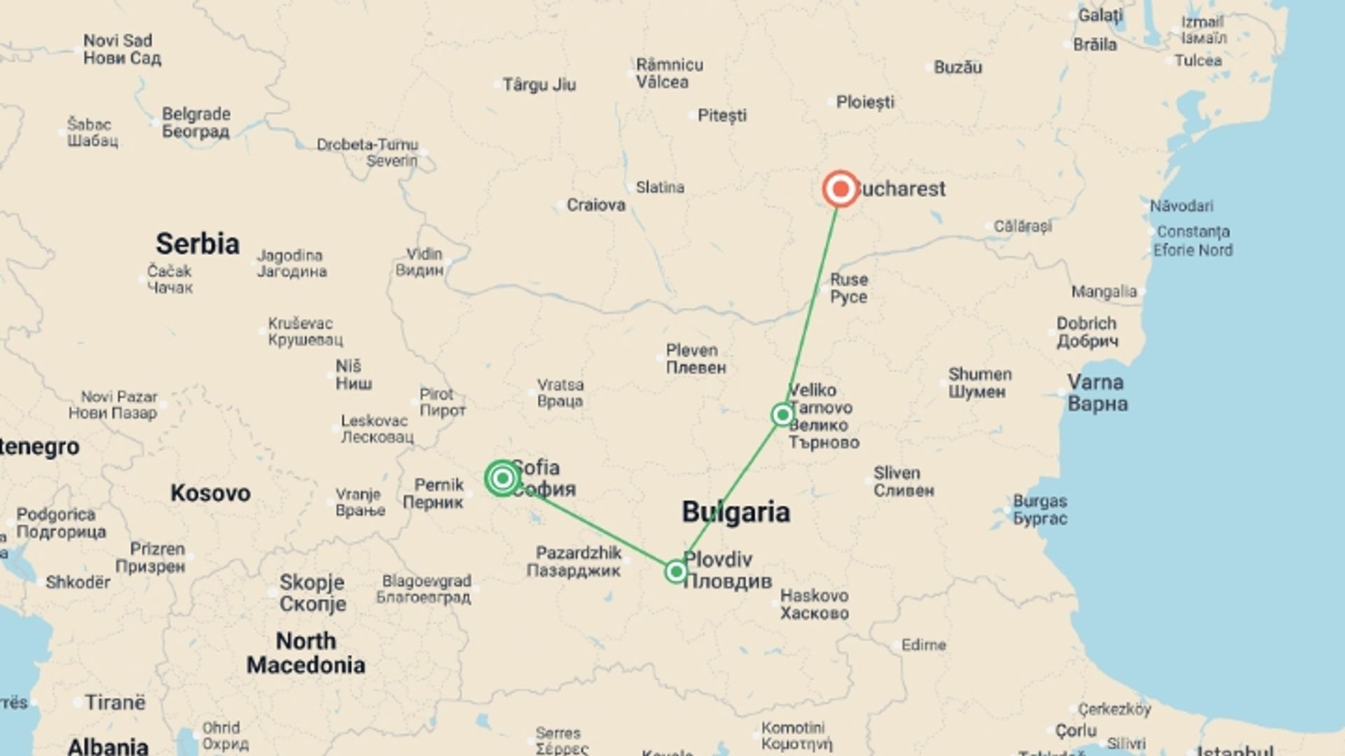 A map showing the tour itinerary for the trip: From Sofia to Bucharest, starting in Sofia, Bulgaria and ending in Bucharest, Romania going through 2 other destinations.