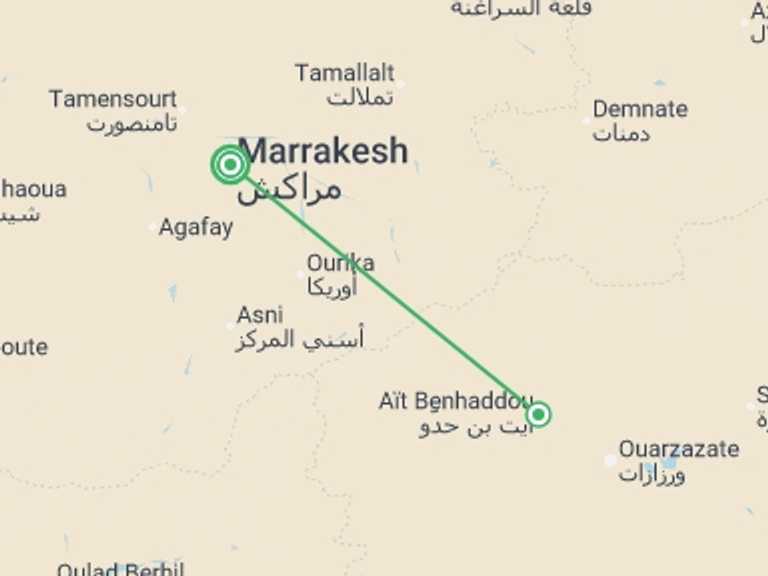 Map itinerary of Africa Tour in June 2026 with 2 destination visits for the trip: Marrakech & Ait Benhaddou - 4 days