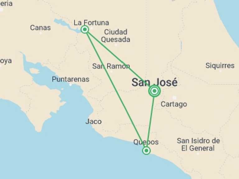 Map of San Jose Rainforest and jungle visits Tour with 5 destination visits for the trip: Costa Rican Adventure