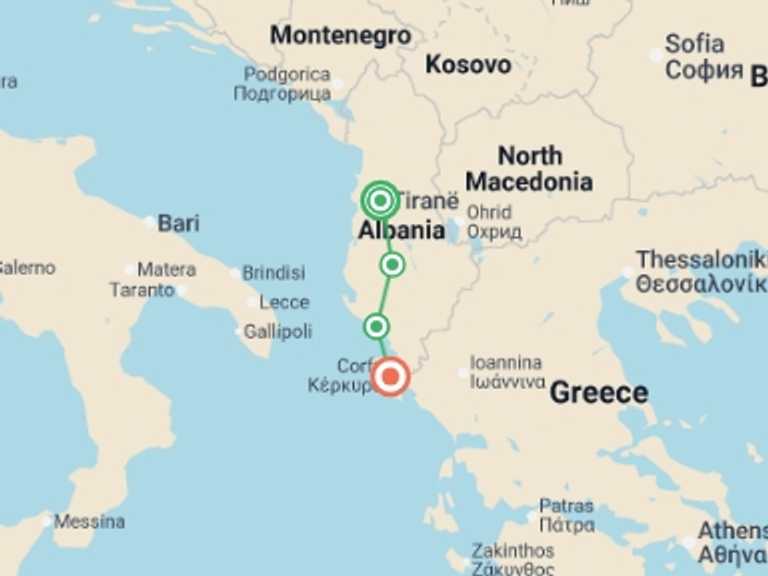 Map of Mediterranean Tour with 4 destination visits for the trip: Tirana to Corfu:  Ancient Towns & the Albanian Riviera