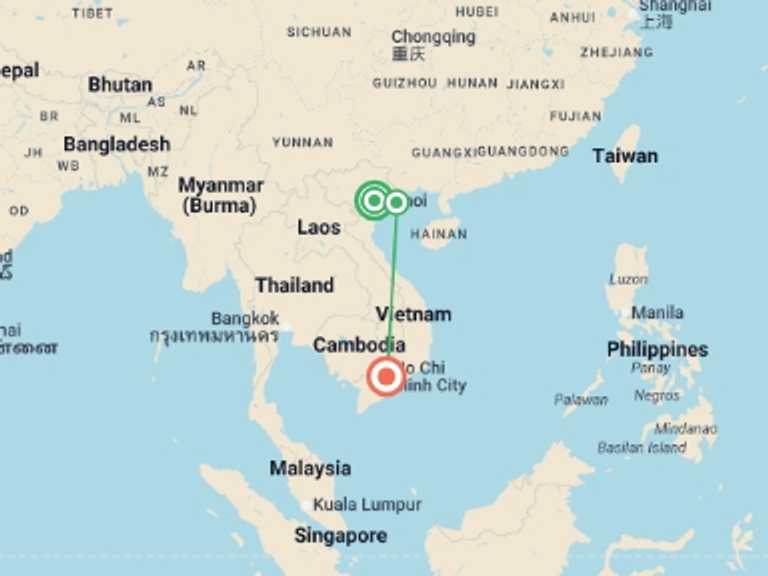 Map itinerary of Vietnam Tour in July 2026 with 4 destination visits for the trip: Vietnam Super Saver - 8 days