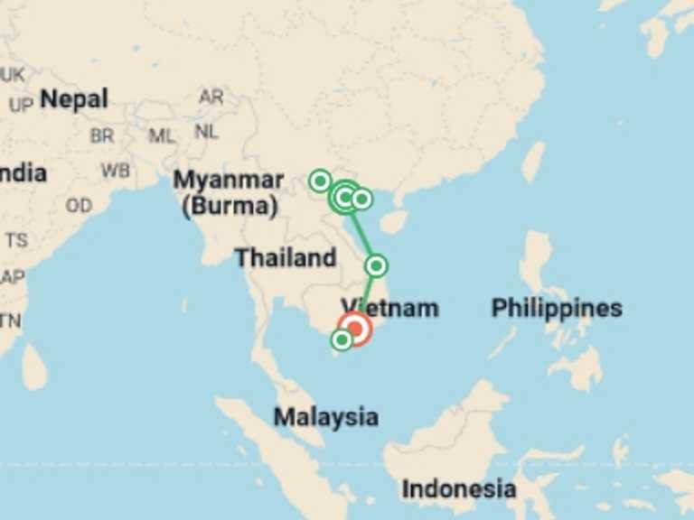 Map itinerary of Indochina Tour in July 2026 with 7 destination visits for the trip: Best of Vietnam Fortnight - 14 days