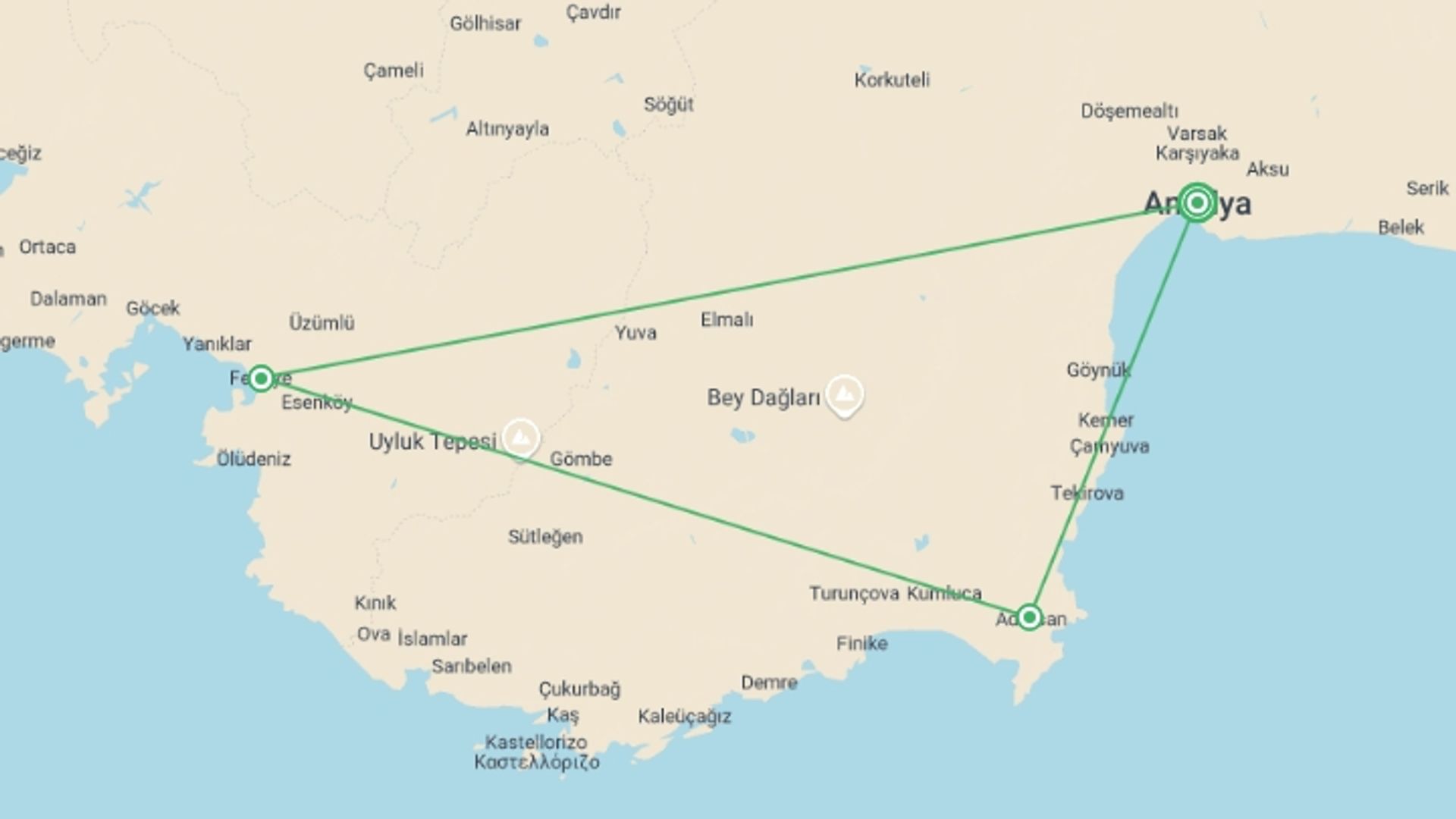 A map showing the tour itinerary for the trip: Lycian Guided Walk, starting in Antalya, Turkey and ending in Antalya, Turkey going through 3 other destinations.