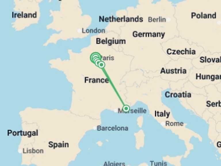 Map itinerary of Europe Tour in Fall with 2 destination visits for the trip: Revisit France's Past, its Royal Sites, and Medieval Cities during a Historic Cruise on the Petite Seine (port-to-port cruise)