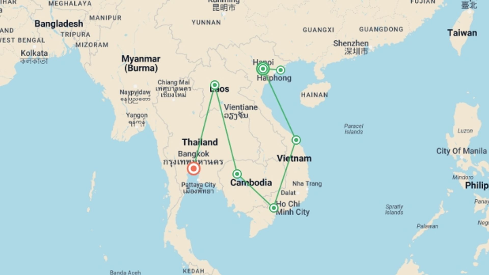 A map showing the tour itinerary for the trip: Kingdoms of Southeast Asia Vietnam, Cambodia, Laos and Thailand, starting in Hanoi, Vietnam and ending in Bangkok, Thailand going through 0 other destinations.