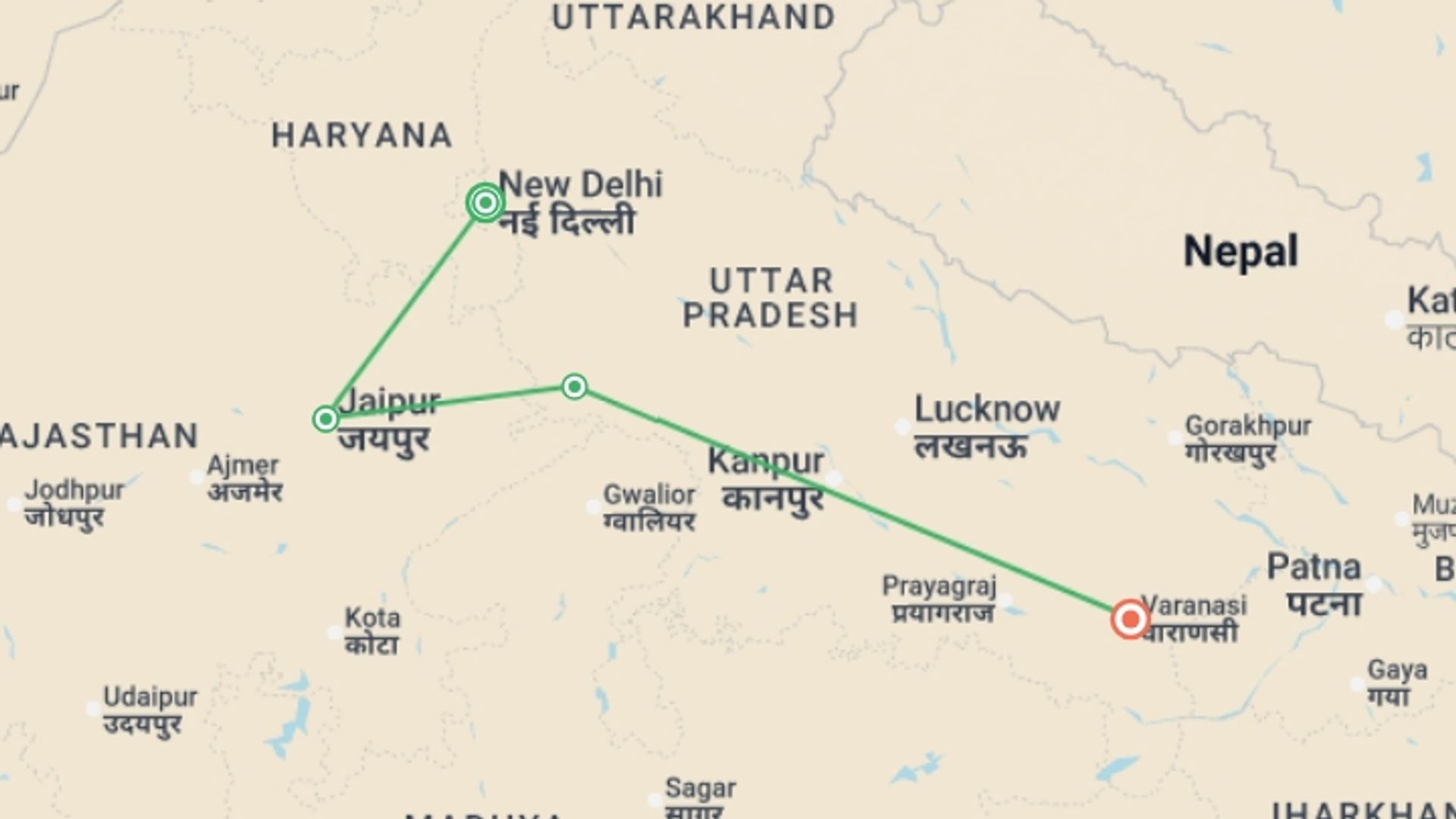 A map showing the tour itinerary for the trip: Delhi to Varanasi (3 Star) - 8 days, starting in New Delhi, India and ending in Varanasi, India going through 2 other destinations.