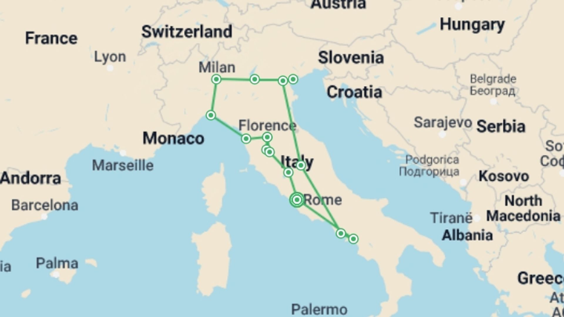 A map showing the tour itinerary for the trip: Amazing Italy, starting in Rome, Italy and ending in Rome, Italy going through 10 other destinations.