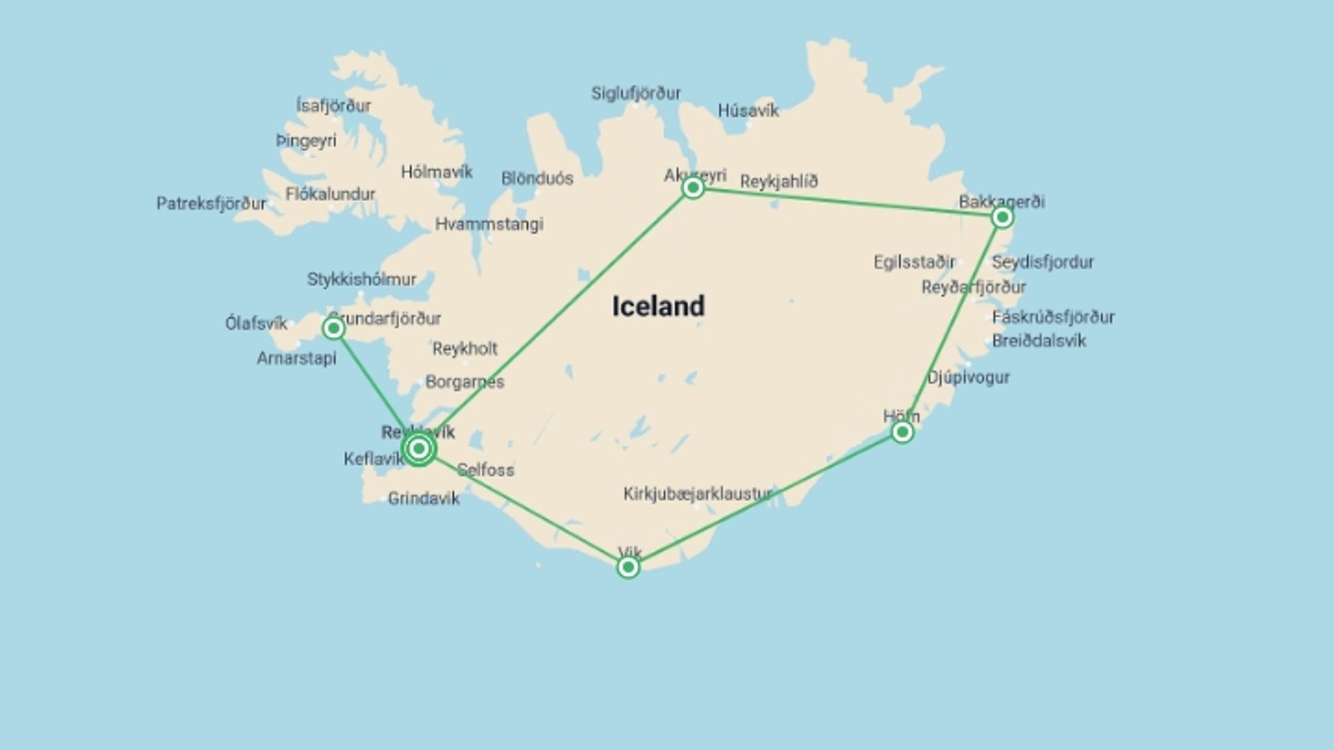 A map showing the tour itinerary for the trip: Best of Iceland: Golden Circle & Snæfellsnes Peninsula, starting in Reykjavik, Iceland and ending in Reykjavik, Iceland going through 5 other destinations.