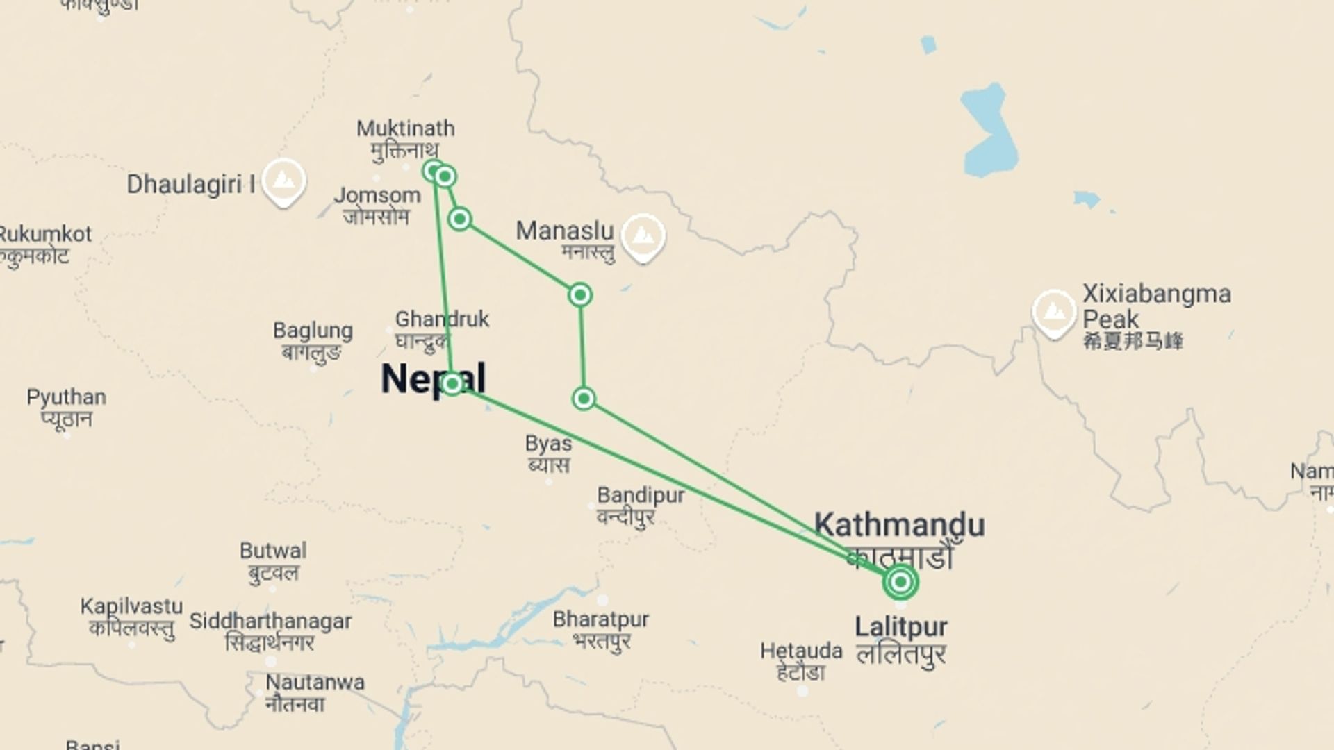 A map showing the tour itinerary for the trip: Annapurna Singletrack Circuit, starting in Kathmandu, Nepal and ending in Kathmandu, Nepal going through 6 other destinations.
