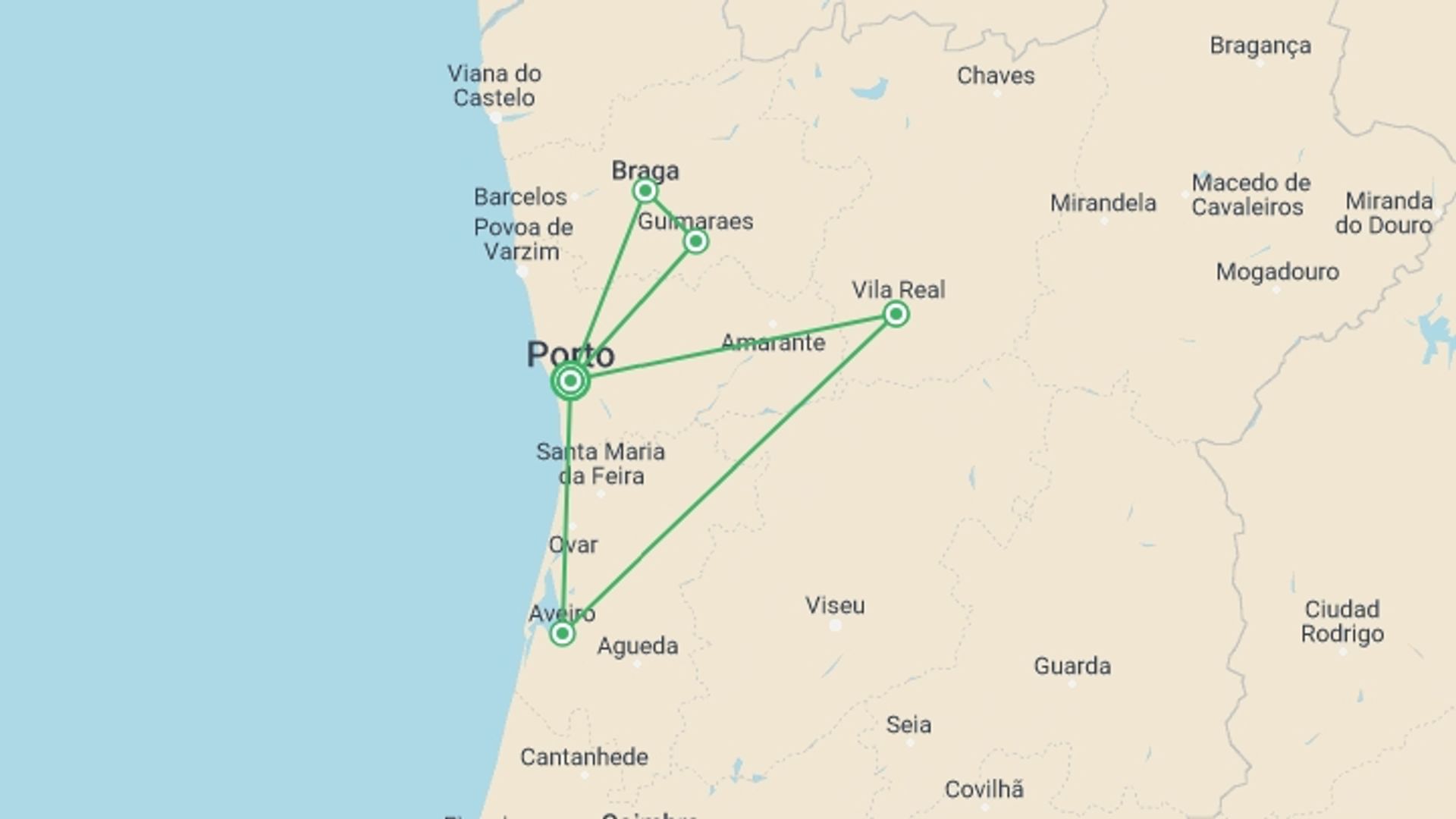 A map showing the tour itinerary for the trip: Porto & the Douro Valley Private Discovery, starting in Porto, Portugal and ending in Porto, Portugal going through 1 other destinations.