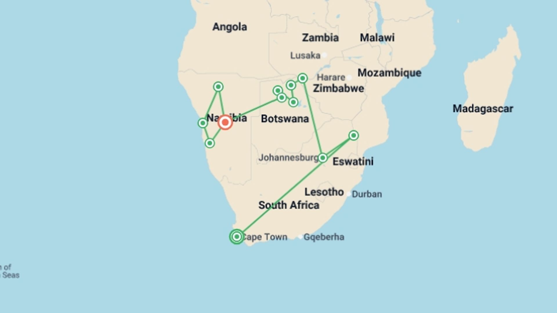 A map showing the tour itinerary for the trip: Southern Africa Safari Reunion 35 to 45, starting in Cape Town, South Africa and ending in Windhoek, Namibia going through 10 other destinations.