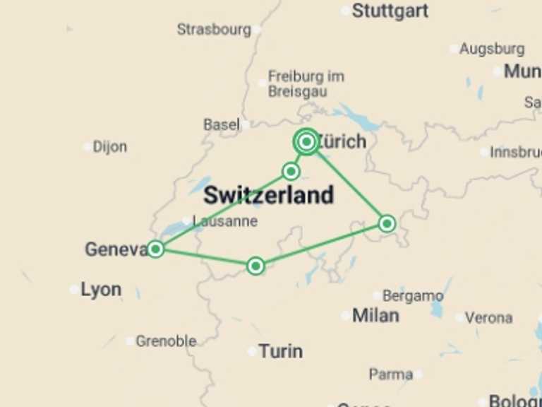 Map of a Cruise Tour with 5 destination visits for the trip: Contrasts of Switzerland