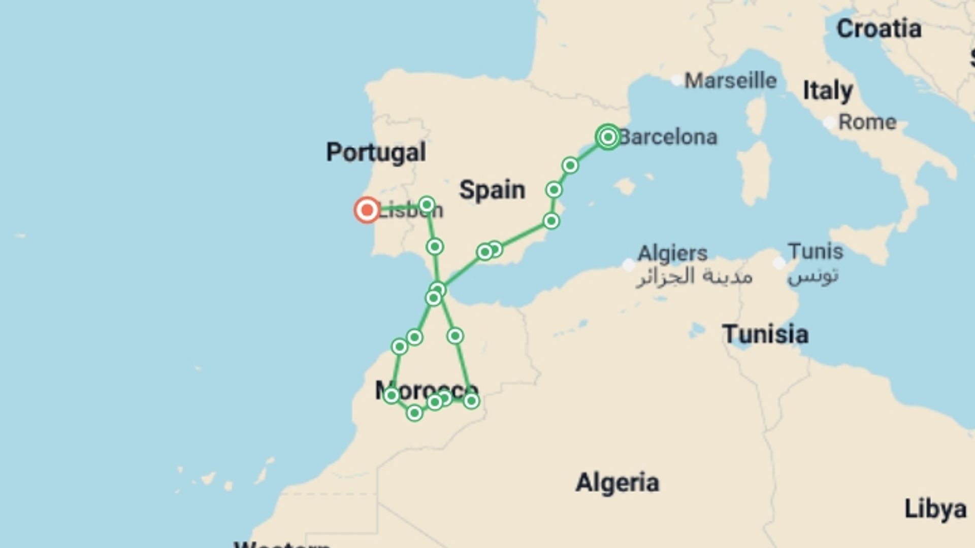 A map showing the tour itinerary for the trip: Spain, Morocco and Portugal end Lisbon, starting in Barcelona, Spain and ending in Lisbon, Portugal going through 10 other destinations.