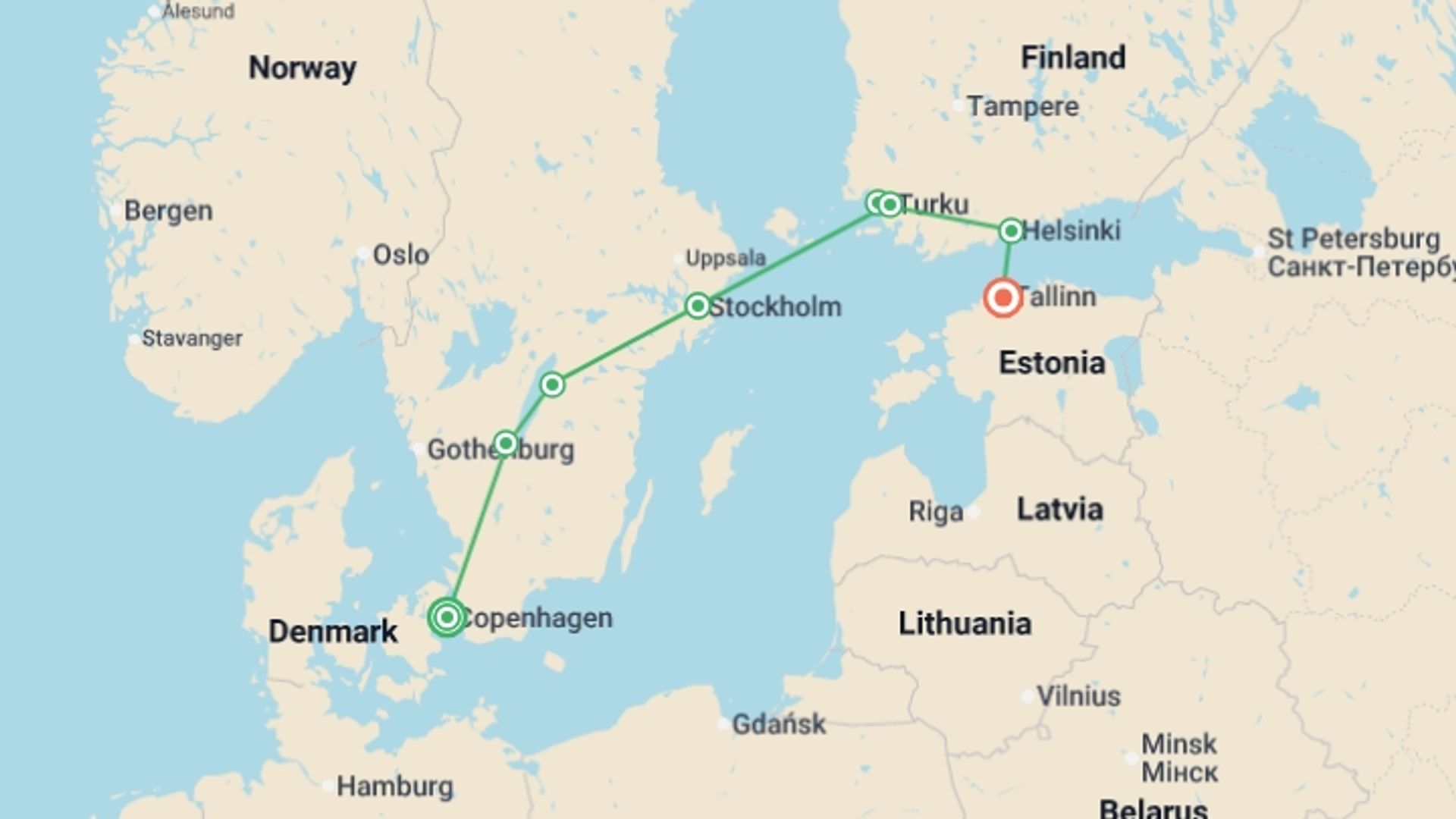A map showing the tour itinerary for the trip: Jewels of Scandinavia End Tallinn, starting in Copenhagen, Denmark and ending in Tallinn, Estonia going through 3 other destinations.