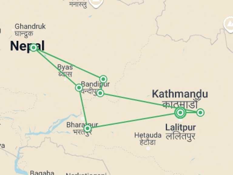 Map itinerary of Nepal Tour in Winter with 7 destination visits for the trip: Discover Nepal