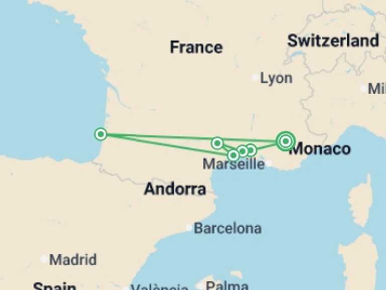 Map itinerary of Mediterranean Tour in July 2026 with 6 destination visits for the trip: A Taste of the Mediterranean: A Cruise through the Heart of Provence and the Camargue Region (port-to-port cruise)