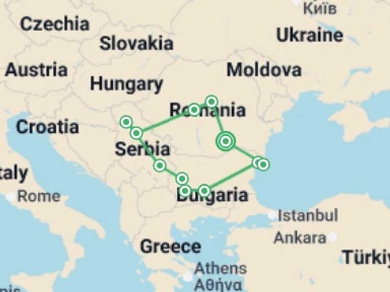 Map itinerary of Europe Tour in July 2026 with 11 destination visits for the trip: Grand Tour of Romania, Serbia & Bulgaria