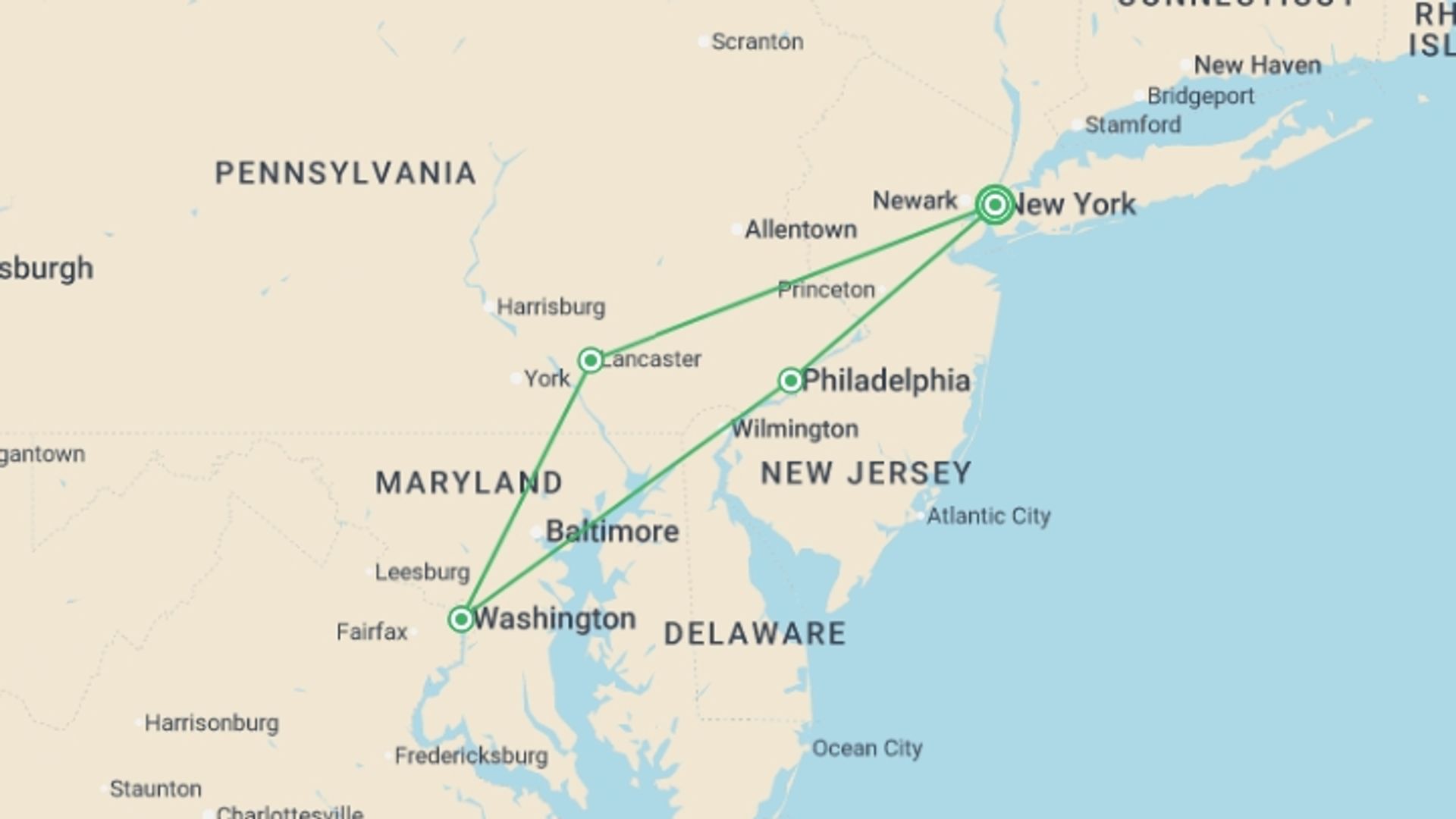 A map showing the tour itinerary for the trip: New York and Washington, starting in New York, USA and ending in New York, USA going through 1 other destinations.