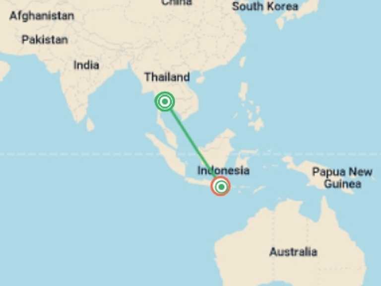 Map itinerary of Asia Tour in June 2026 with 5 destination visits for the trip: Thailand And Bali Odyssey