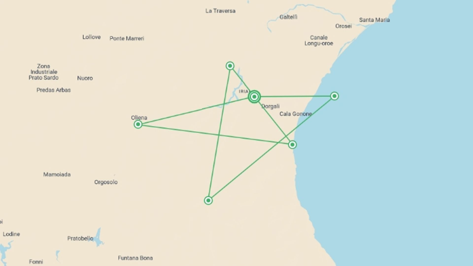 A map showing the tour itinerary for the trip: Walking in Sardinia, starting in Dorgali, Italy and ending in Dorgali, Italy going through 6 other destinations.