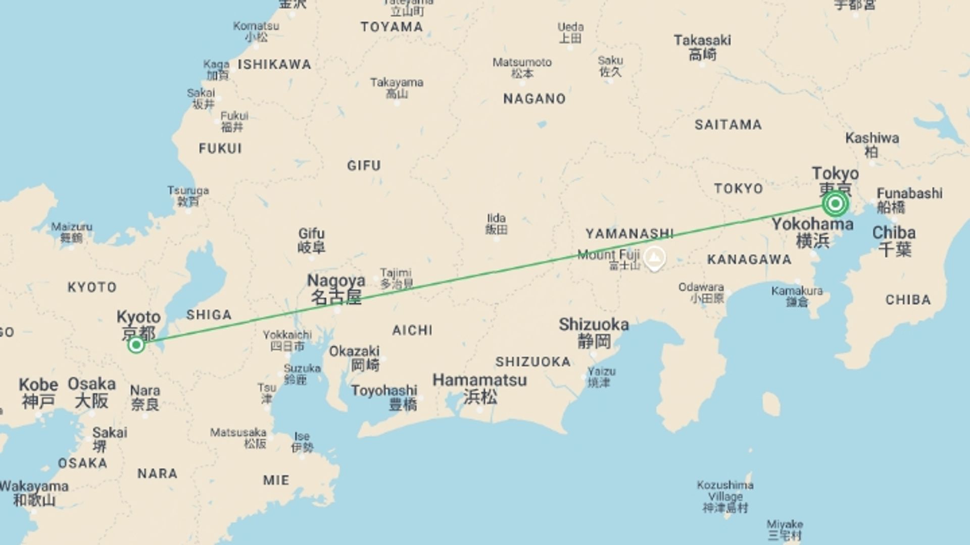 A map showing the tour itinerary for the trip: Tokyo, Kyoto & Nakasendo Route, starting in Tokyo, Japan and ending in Tokyo, Japan going through 1 other destinations.